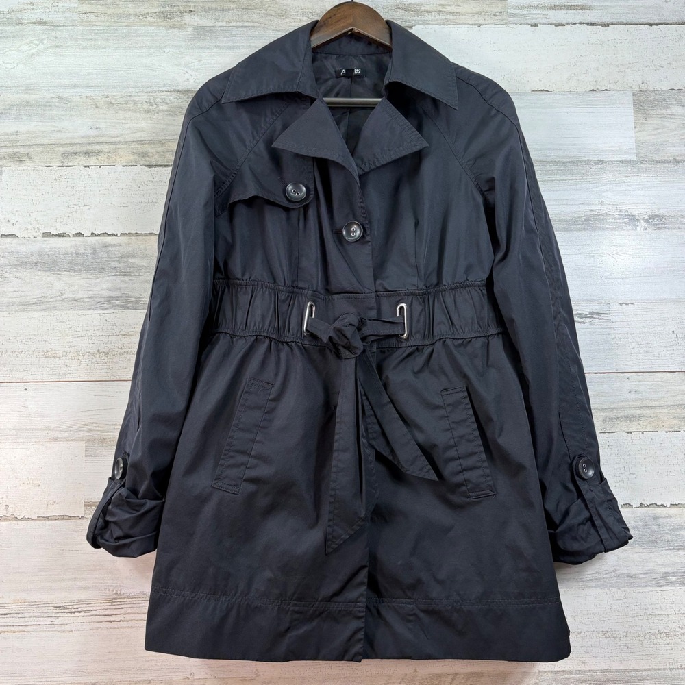 Apt 9 Womens Black Trench Coat Elastic Tie‎ Waist Button Front Jacket Size M